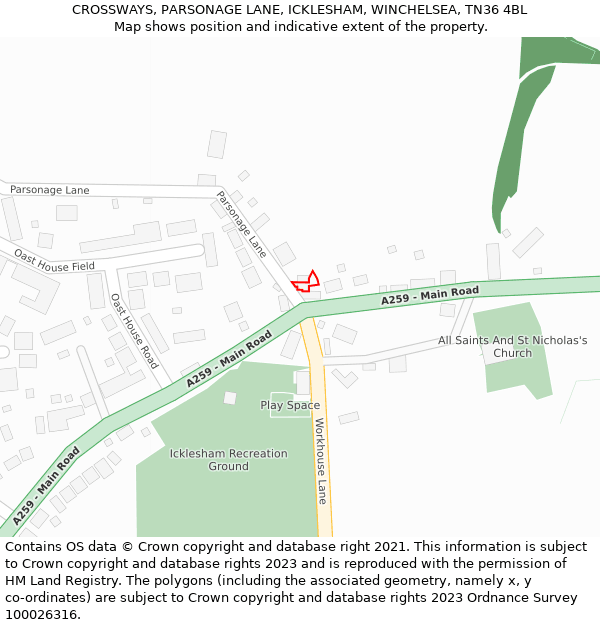 CROSSWAYS, PARSONAGE LANE, ICKLESHAM, WINCHELSEA, TN36 4BL: Location map and indicative extent of plot