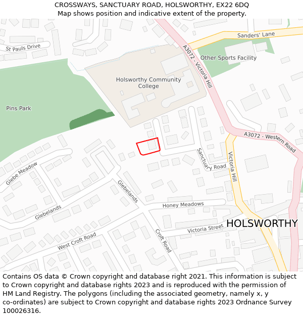 CROSSWAYS, SANCTUARY ROAD, HOLSWORTHY, EX22 6DQ: Location map and indicative extent of plot