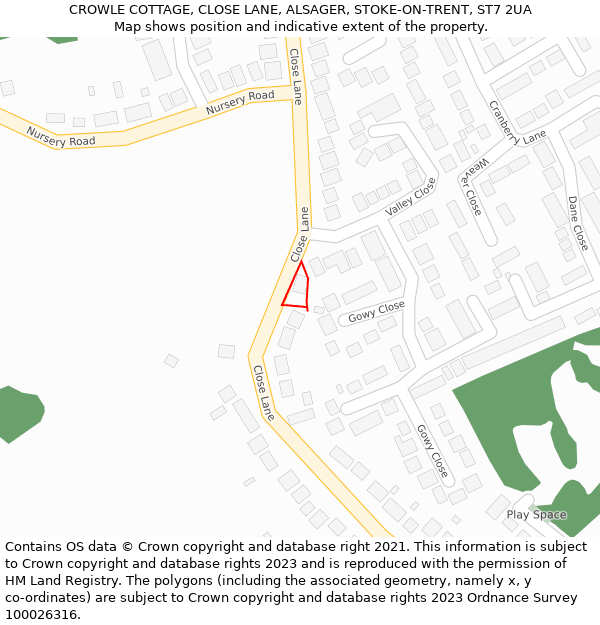 CROWLE COTTAGE, CLOSE LANE, ALSAGER, STOKE-ON-TRENT, ST7 2UA: Location map and indicative extent of plot