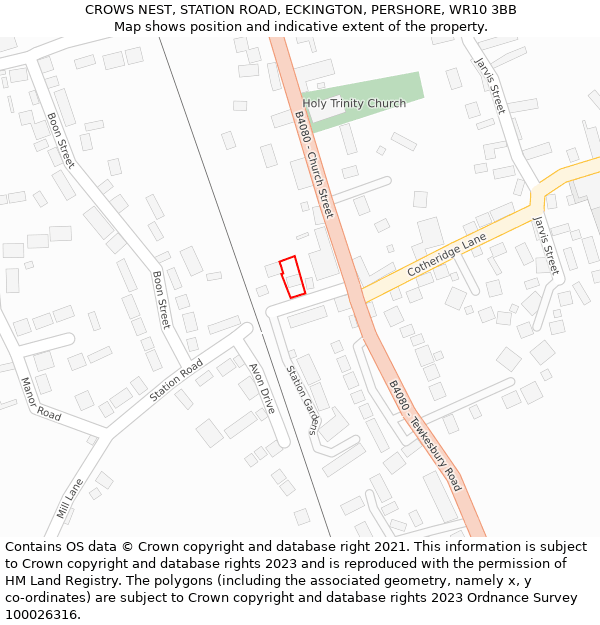 CROWS NEST, STATION ROAD, ECKINGTON, PERSHORE, WR10 3BB: Location map and indicative extent of plot