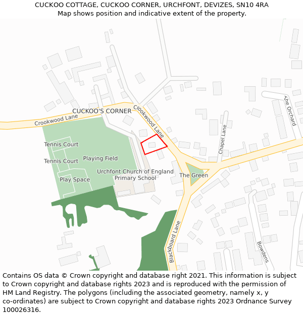 CUCKOO COTTAGE, CUCKOO CORNER, URCHFONT, DEVIZES, SN10 4RA: Location map and indicative extent of plot