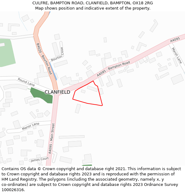 CULFRE, BAMPTON ROAD, CLANFIELD, BAMPTON, OX18 2RG: Location map and indicative extent of plot