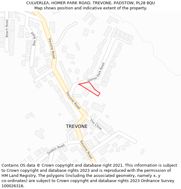 CULVERLEA, HOMER PARK ROAD, TREVONE, PADSTOW, PL28 8QU: Location map and indicative extent of plot