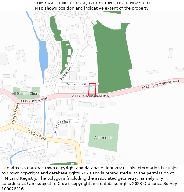 CUMBRAE, TEMPLE CLOSE, WEYBOURNE, HOLT, NR25 7EU: Location map and indicative extent of plot