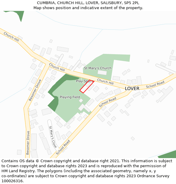 CUMBRIA, CHURCH HILL, LOVER, SALISBURY, SP5 2PL: Location map and indicative extent of plot