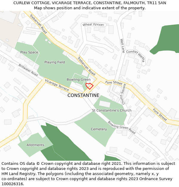 CURLEW COTTAGE, VICARAGE TERRACE, CONSTANTINE, FALMOUTH, TR11 5AN: Location map and indicative extent of plot