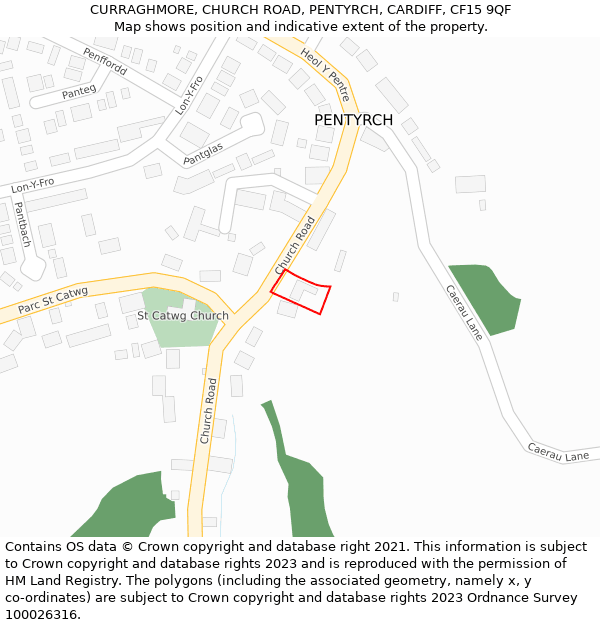 CURRAGHMORE, CHURCH ROAD, PENTYRCH, CARDIFF, CF15 9QF: Location map and indicative extent of plot