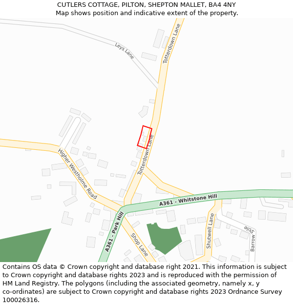 CUTLERS COTTAGE, PILTON, SHEPTON MALLET, BA4 4NY: Location map and indicative extent of plot