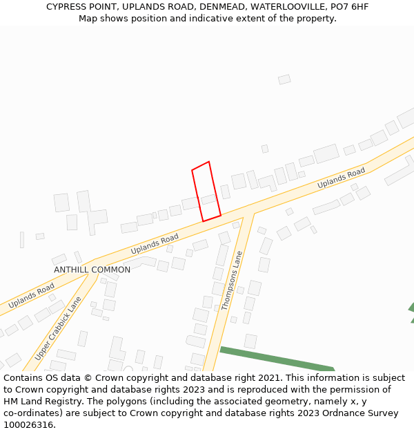 CYPRESS POINT, UPLANDS ROAD, DENMEAD, WATERLOOVILLE, PO7 6HF: Location map and indicative extent of plot