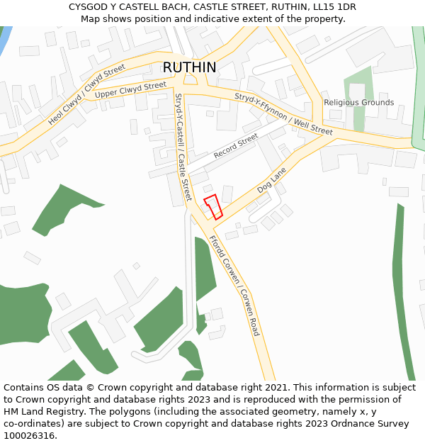 CYSGOD Y CASTELL BACH, CASTLE STREET, RUTHIN, LL15 1DR: Location map and indicative extent of plot