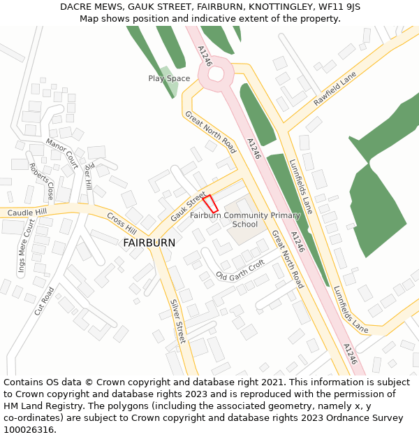 DACRE MEWS, GAUK STREET, FAIRBURN, KNOTTINGLEY, WF11 9JS: Location map and indicative extent of plot