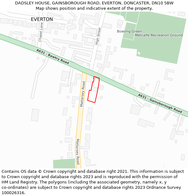 DADSLEY HOUSE, GAINSBOROUGH ROAD, EVERTON, DONCASTER, DN10 5BW: Location map and indicative extent of plot