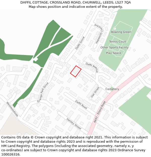 DAFFIL COTTAGE, CROSSLAND ROAD, CHURWELL, LEEDS, LS27 7QA: Location map and indicative extent of plot