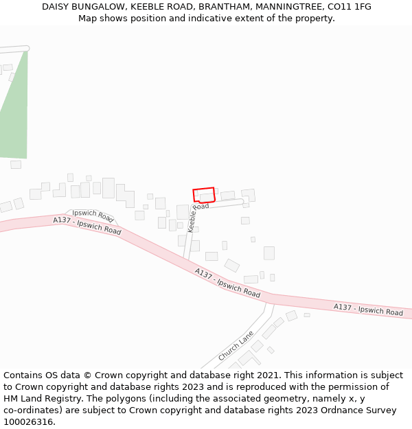 DAISY BUNGALOW, KEEBLE ROAD, BRANTHAM, MANNINGTREE, CO11 1FG: Location map and indicative extent of plot