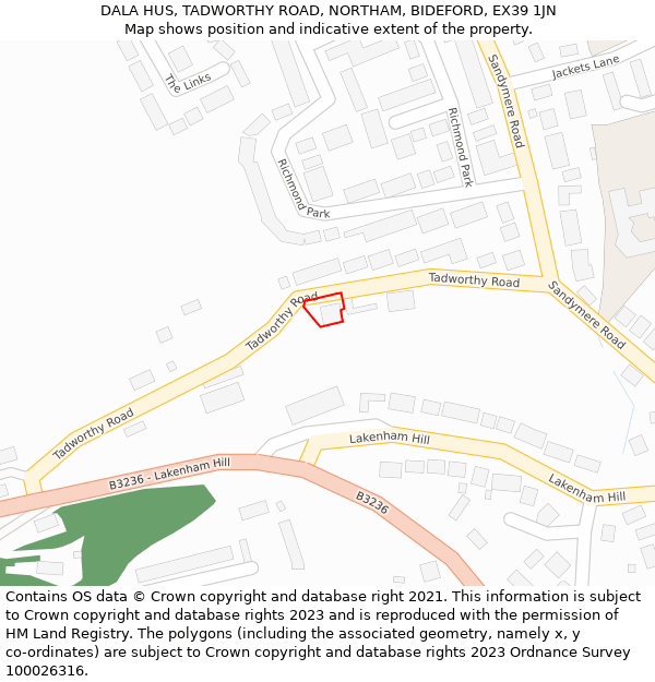 DALA HUS, TADWORTHY ROAD, NORTHAM, BIDEFORD, EX39 1JN: Location map and indicative extent of plot