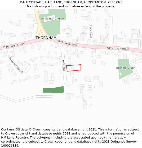 DALE COTTAGE, HALL LANE, THORNHAM, HUNSTANTON, PE36 6NB: Location map and indicative extent of plot