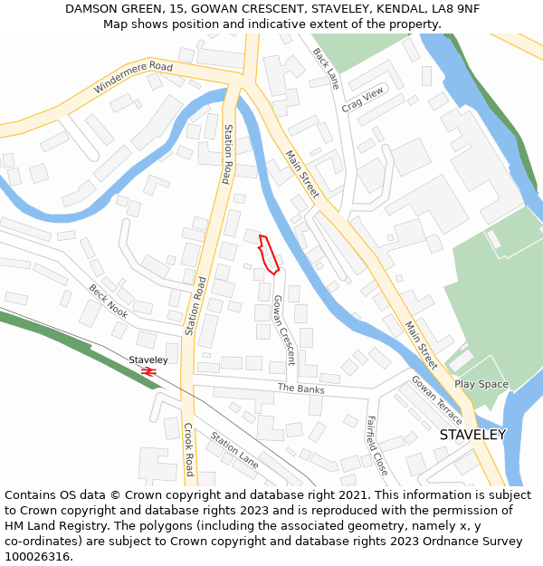 DAMSON GREEN, 15, GOWAN CRESCENT, STAVELEY, KENDAL, LA8 9NF: Location map and indicative extent of plot