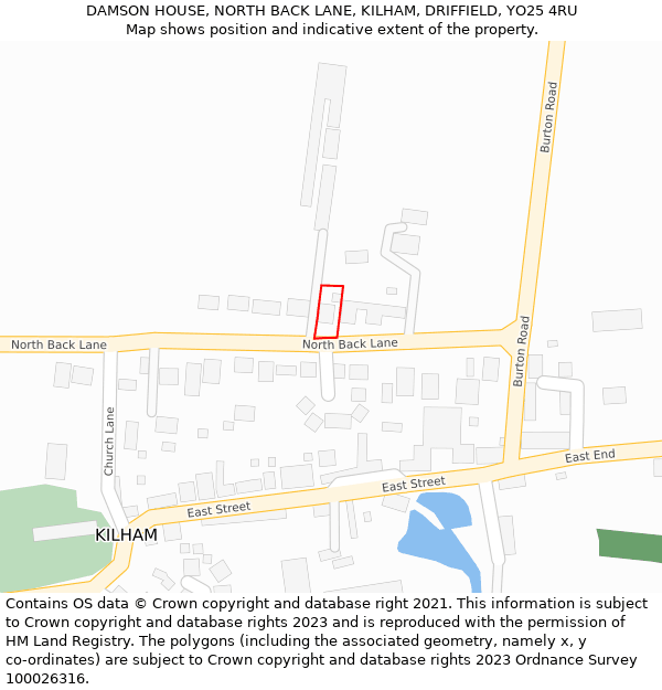 DAMSON HOUSE, NORTH BACK LANE, KILHAM, DRIFFIELD, YO25 4RU: Location map and indicative extent of plot