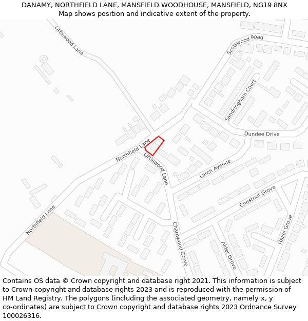 DANAMY, NORTHFIELD LANE, MANSFIELD WOODHOUSE, MANSFIELD, NG19 8NX: Location map and indicative extent of plot