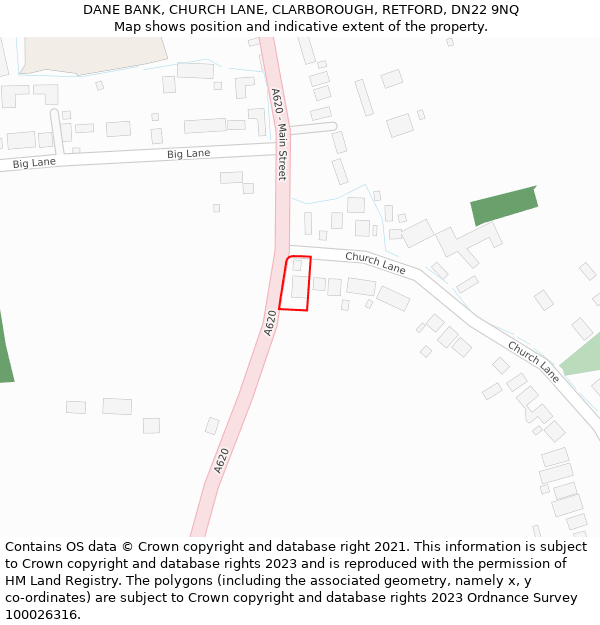 DANE BANK, CHURCH LANE, CLARBOROUGH, RETFORD, DN22 9NQ: Location map and indicative extent of plot