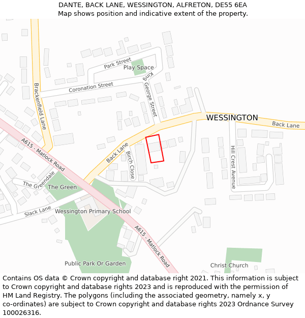 DANTE, BACK LANE, WESSINGTON, ALFRETON, DE55 6EA: Location map and indicative extent of plot