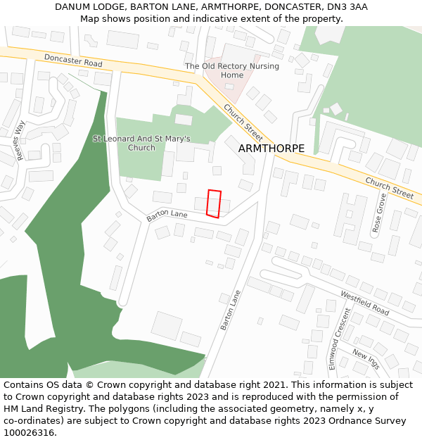 DANUM LODGE, BARTON LANE, ARMTHORPE, DONCASTER, DN3 3AA: Location map and indicative extent of plot