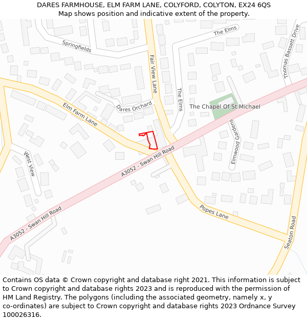 DARES FARMHOUSE, ELM FARM LANE, COLYFORD, COLYTON, EX24 6QS: Location map and indicative extent of plot