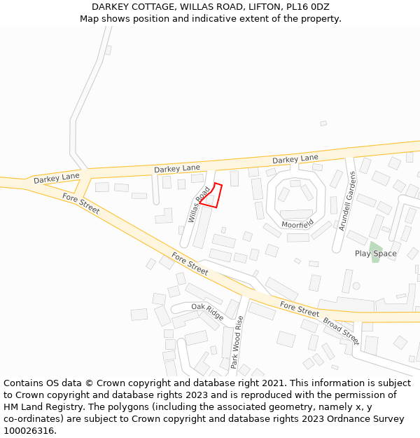 DARKEY COTTAGE, WILLAS ROAD, LIFTON, PL16 0DZ: Location map and indicative extent of plot