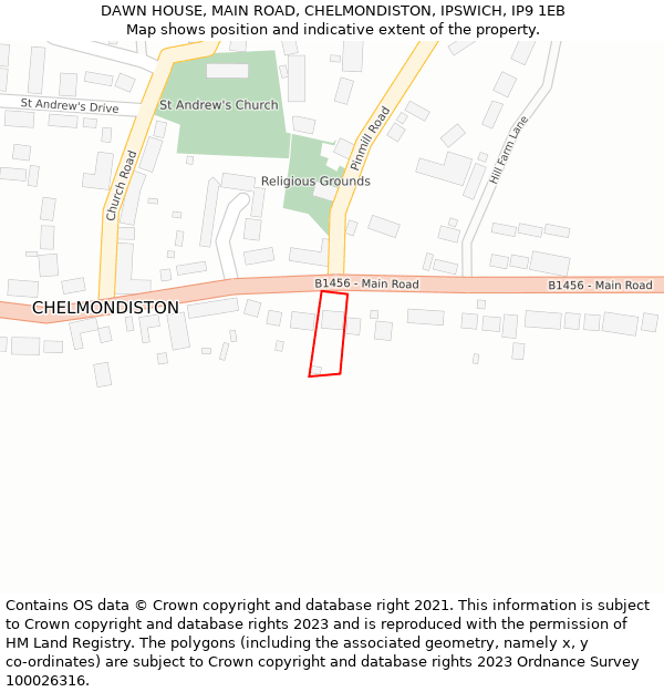 DAWN HOUSE, MAIN ROAD, CHELMONDISTON, IPSWICH, IP9 1EB: Location map and indicative extent of plot