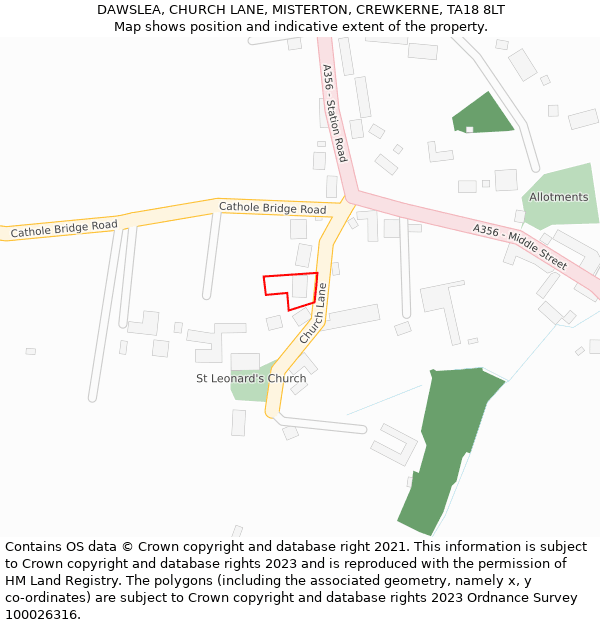 DAWSLEA, CHURCH LANE, MISTERTON, CREWKERNE, TA18 8LT: Location map and indicative extent of plot