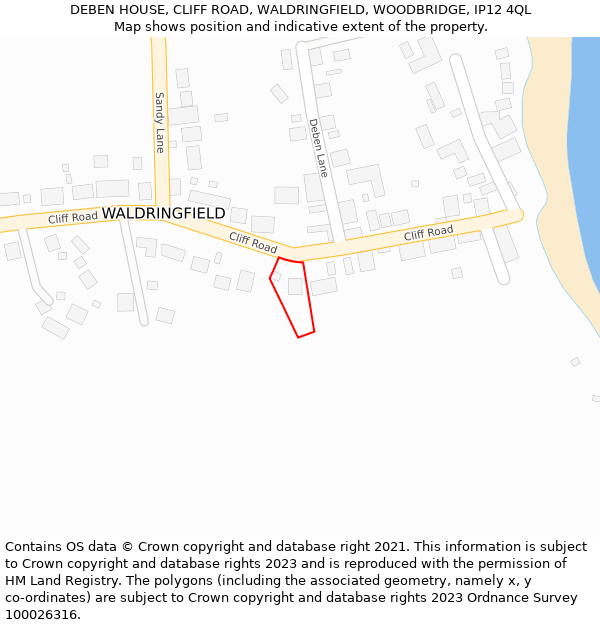 DEBEN HOUSE, CLIFF ROAD, WALDRINGFIELD, WOODBRIDGE, IP12 4QL: Location map and indicative extent of plot