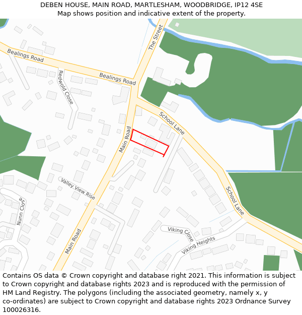 DEBEN HOUSE, MAIN ROAD, MARTLESHAM, WOODBRIDGE, IP12 4SE: Location map and indicative extent of plot