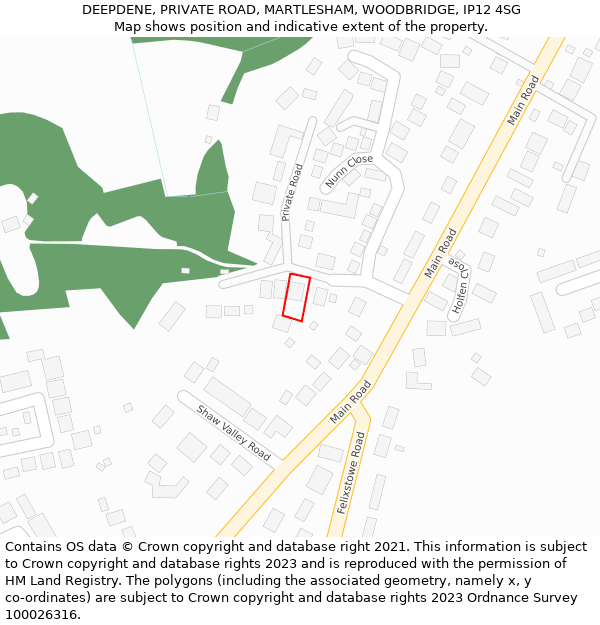 DEEPDENE, PRIVATE ROAD, MARTLESHAM, WOODBRIDGE, IP12 4SG: Location map and indicative extent of plot