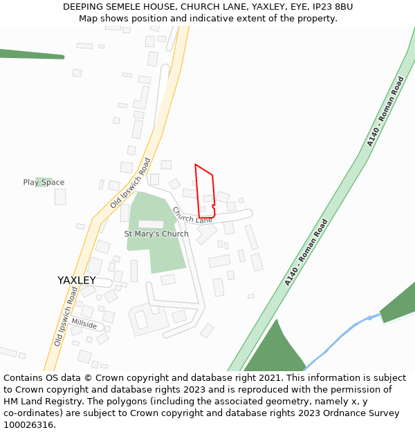 DEEPING SEMELE HOUSE, CHURCH LANE, YAXLEY, EYE, IP23 8BU: Location map and indicative extent of plot