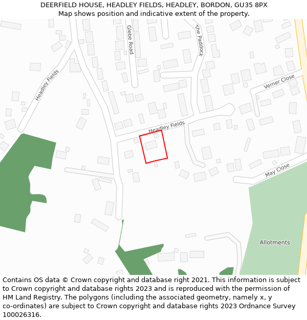 DEERFIELD HOUSE, HEADLEY FIELDS, HEADLEY, BORDON, GU35 8PX: Location map and indicative extent of plot