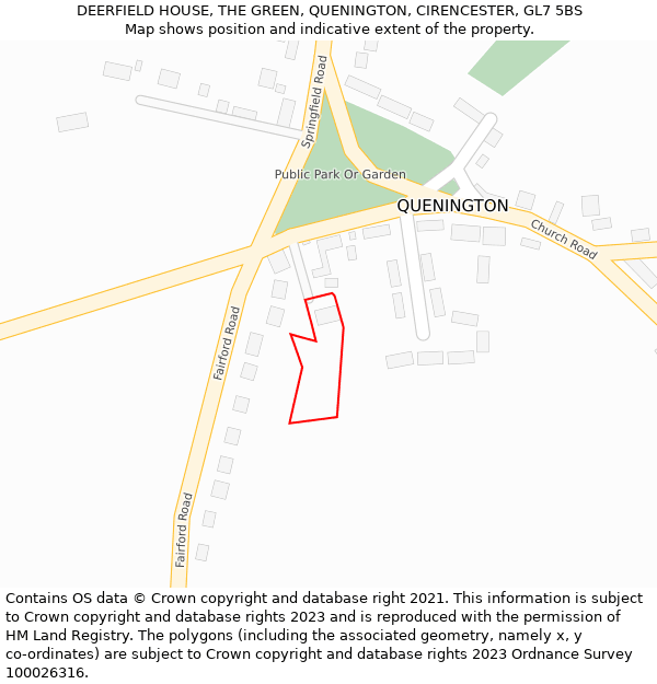 DEERFIELD HOUSE, THE GREEN, QUENINGTON, CIRENCESTER, GL7 5BS: Location map and indicative extent of plot