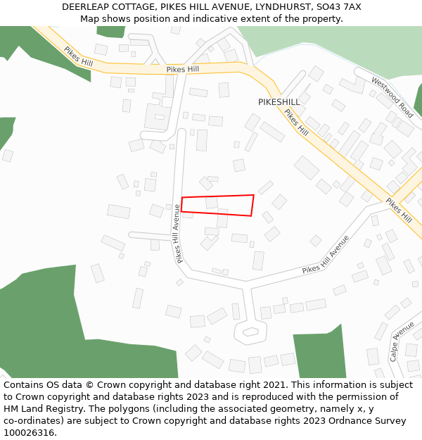 DEERLEAP COTTAGE, PIKES HILL AVENUE, LYNDHURST, SO43 7AX: Location map and indicative extent of plot