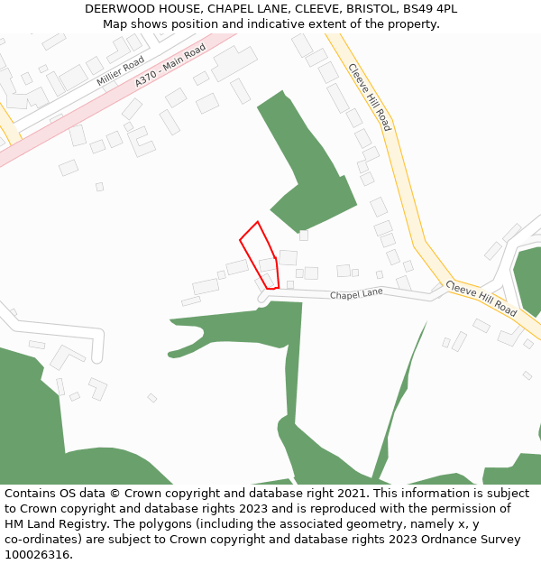 DEERWOOD HOUSE, CHAPEL LANE, CLEEVE, BRISTOL, BS49 4PL: Location map and indicative extent of plot