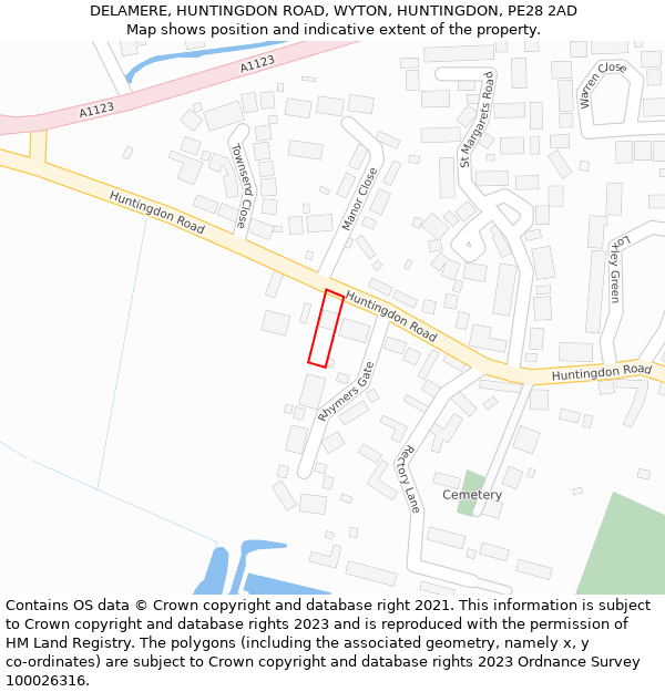 DELAMERE, HUNTINGDON ROAD, WYTON, HUNTINGDON, PE28 2AD: Location map and indicative extent of plot