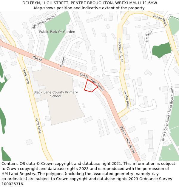 DELFRYN, HIGH STREET, PENTRE BROUGHTON, WREXHAM, LL11 6AW: Location map and indicative extent of plot