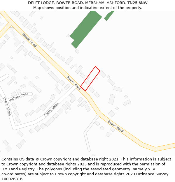 DELFT LODGE, BOWER ROAD, MERSHAM, ASHFORD, TN25 6NW: Location map and indicative extent of plot