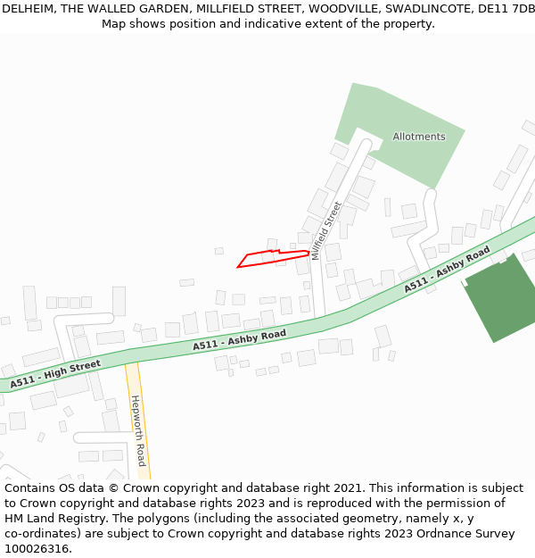 DELHEIM, THE WALLED GARDEN, MILLFIELD STREET, WOODVILLE, SWADLINCOTE, DE11 7DB: Location map and indicative extent of plot