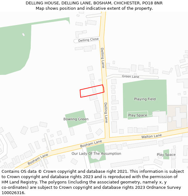 DELLING HOUSE, DELLING LANE, BOSHAM, CHICHESTER, PO18 8NR: Location map and indicative extent of plot