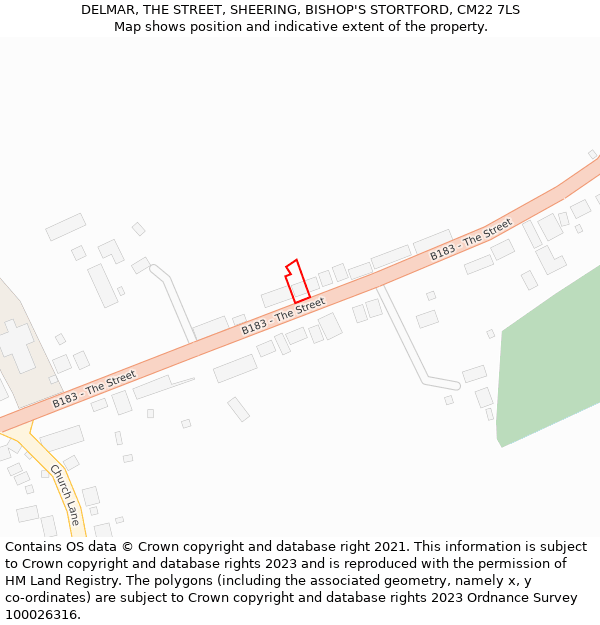 DELMAR, THE STREET, SHEERING, BISHOP'S STORTFORD, CM22 7LS: Location map and indicative extent of plot