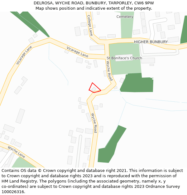 DELROSA, WYCHE ROAD, BUNBURY, TARPORLEY, CW6 9PW: Location map and indicative extent of plot