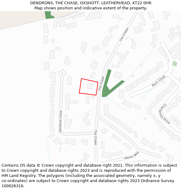 DENDRONS, THE CHASE, OXSHOTT, LEATHERHEAD, KT22 0HR: Location map and indicative extent of plot