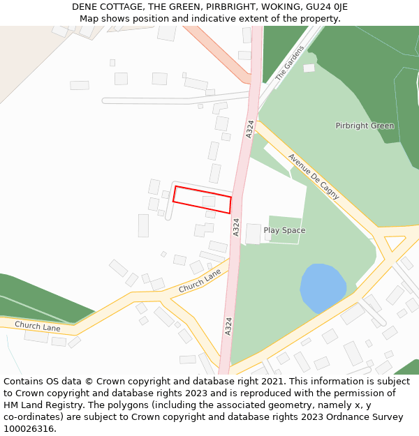DENE COTTAGE, THE GREEN, PIRBRIGHT, WOKING, GU24 0JE: Location map and indicative extent of plot