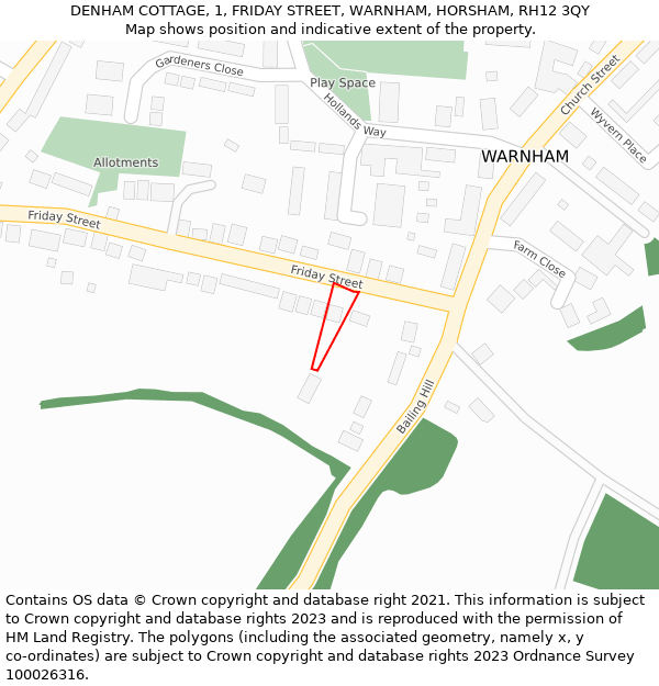 DENHAM COTTAGE, 1, FRIDAY STREET, WARNHAM, HORSHAM, RH12 3QY: Location map and indicative extent of plot