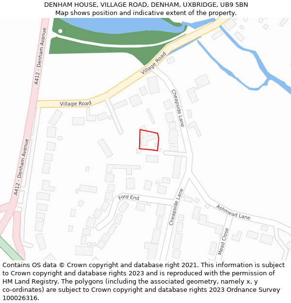 DENHAM HOUSE, VILLAGE ROAD, DENHAM, UXBRIDGE, UB9 5BN: Location map and indicative extent of plot