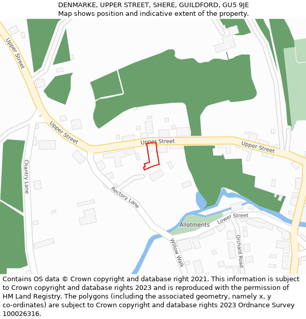 DENMARKE, UPPER STREET, SHERE, GUILDFORD, GU5 9JE: Location map and indicative extent of plot